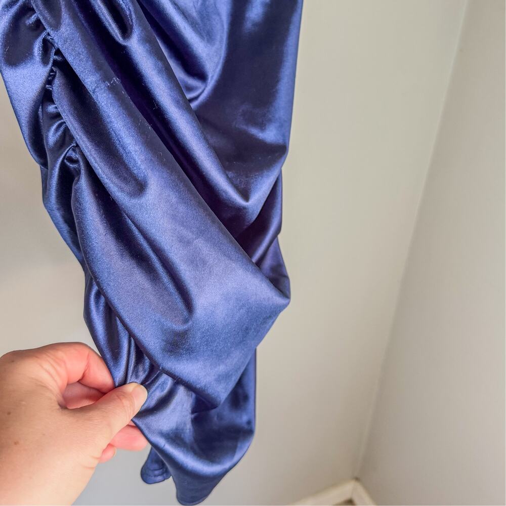 GB Gianni Bini Blue Satin One Shoulder Ruched Bodycon Mini Dress Size 7 - Picture 11 of 12